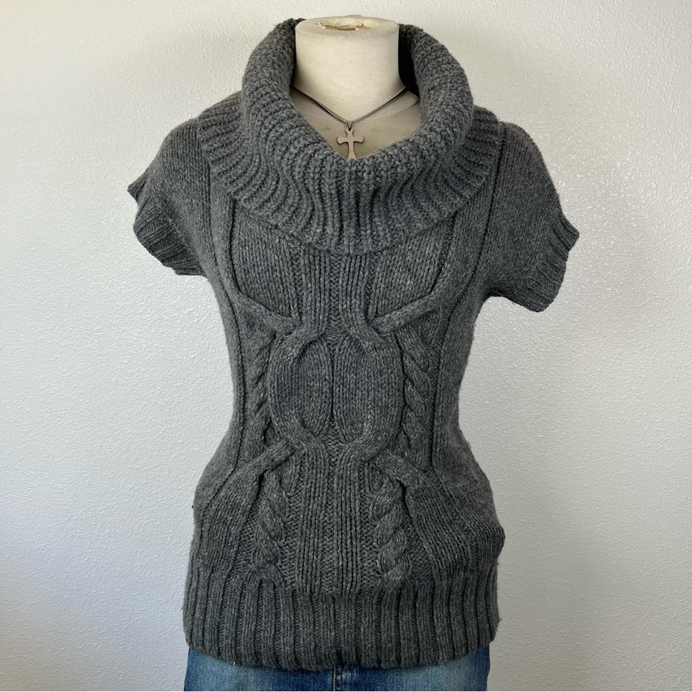 Charcoal Cable-Knit Cowl Neck Short-Sleeve Sweater